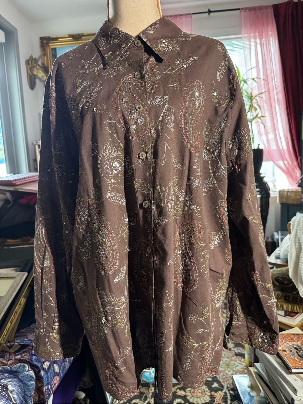 Foxcroft 18W Brown Paisley Embroidered Sequin Button Down Shirt Plus Size